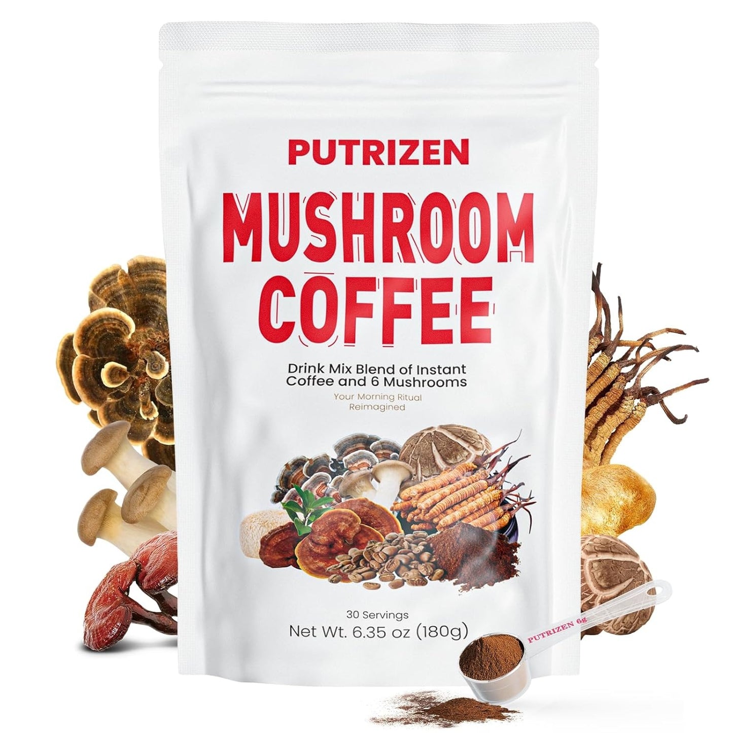 PUTRIZEN Mushroom Coffee with 6 adaptogenic functional mushrooms (including Reishi, Lion's Mane, Cordyceps) and MCT Oil