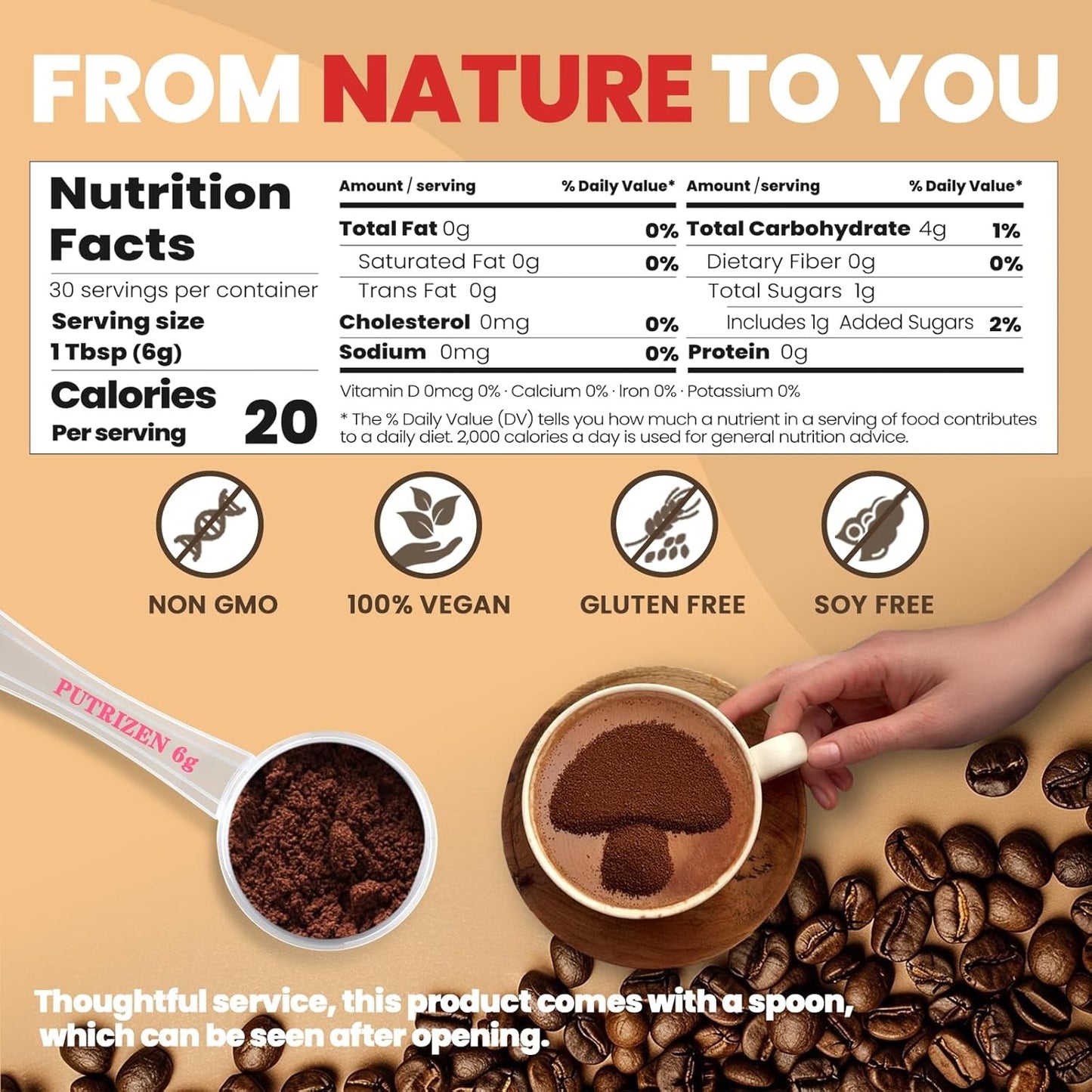 PUTRIZEN Mushroom Coffee with 6 adaptogenic functional mushrooms (including Reishi, Lion's Mane, Cordyceps) and MCT Oil