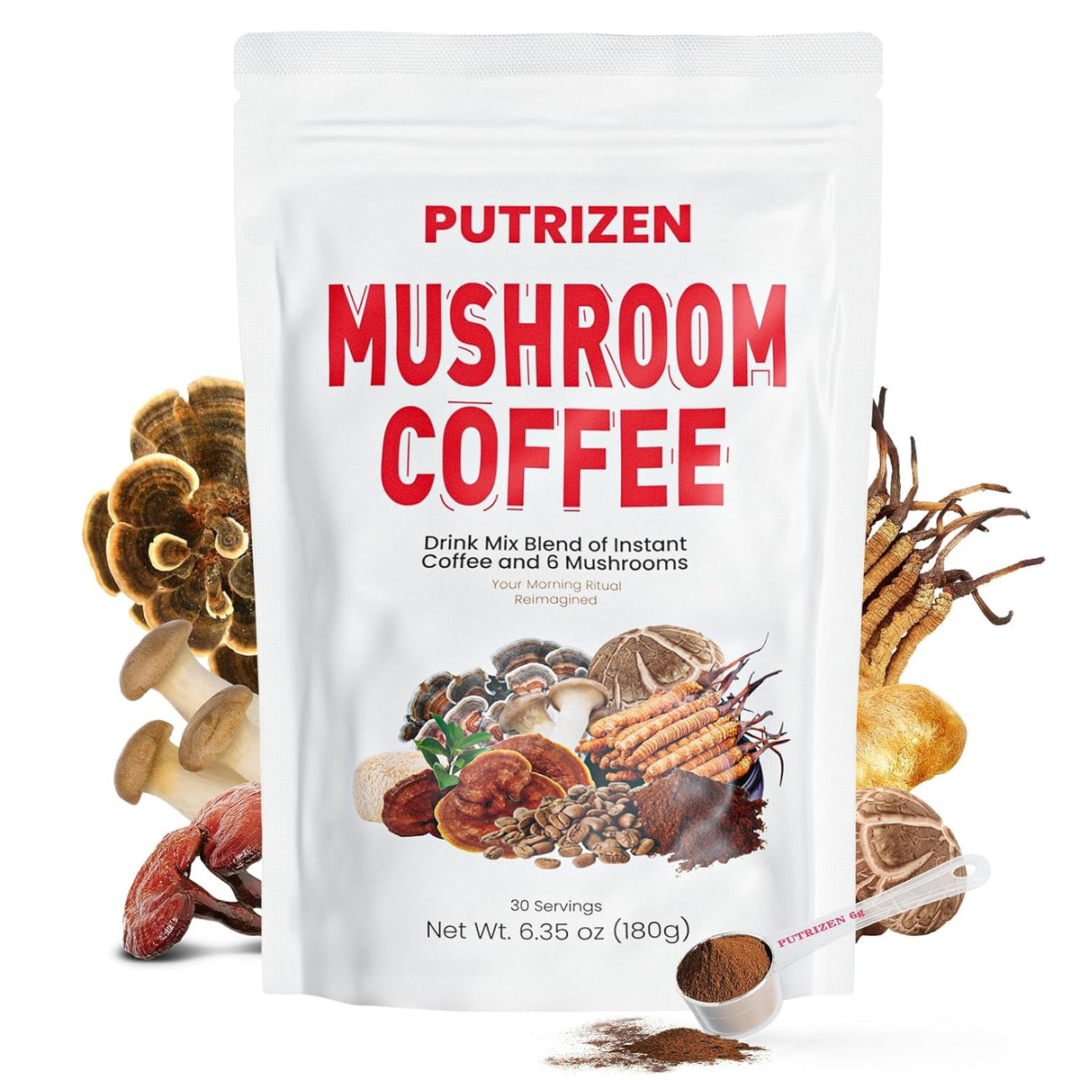 PUTRIZEN Mushroom Coffee with 6 adaptogenic functional mushrooms (including Reishi, Lion's Mane, Cordyceps) and MCT Oil