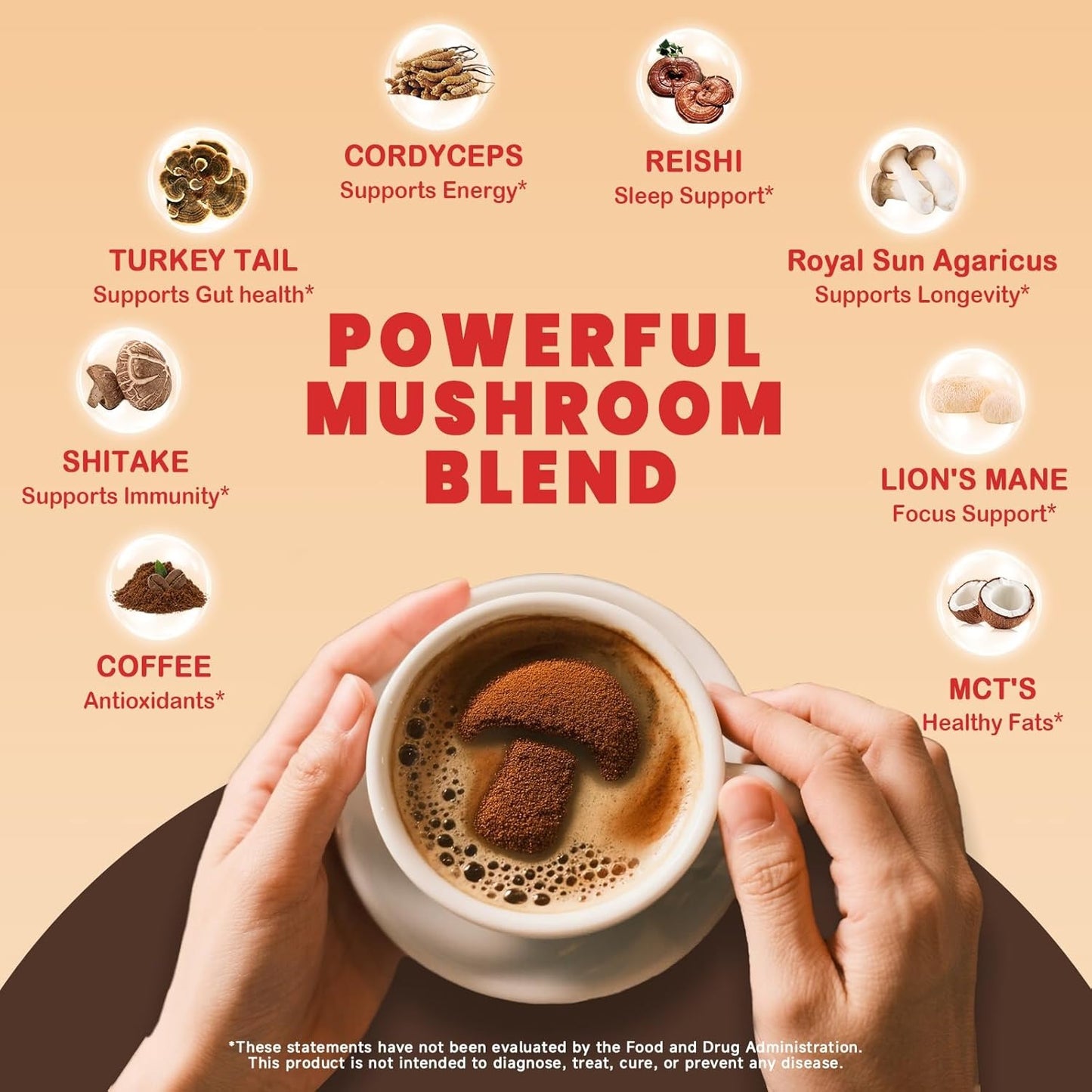 PUTRIZEN Mushroom Coffee with 6 adaptogenic functional mushrooms (including Reishi, Lion's Mane, Cordyceps) and MCT Oil